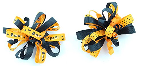 Halloween Girls Womens Korker Hair Bow Hair Clip Grosgrain Ribbon Bow with Alligator Clip Teens Set of 2 (Boo & Polka Dot)
