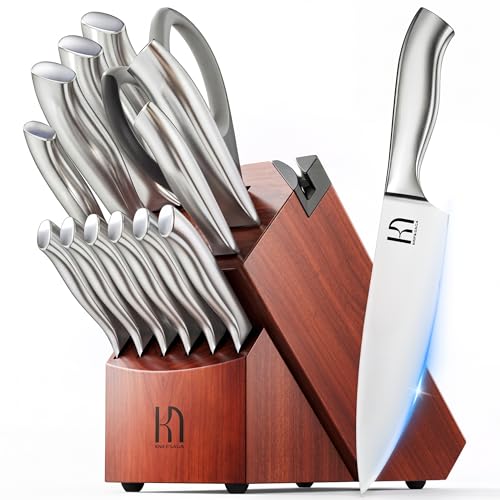 Image of KnifeSaga 14 Pcs Kitchen Knife Set with Block and Sharpener, Professional