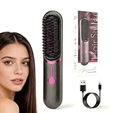 Wendict Cepillo Alisador de Pelo Inalámbrico Portátil para Mujer, 2 en 1 Plancha de Pelo y Cepillo, Plancha de Pelo Portátil para Viaje, Calentamiento Rápido y Plancha de Cerámica Inalámbrica (Negro)
