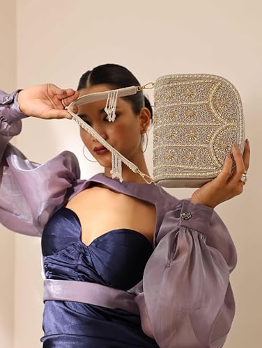 Image of THE TAN CLAN Kavya Beige Flap Over Bag Clutch Purses Luxury Evening Handbags with Handle