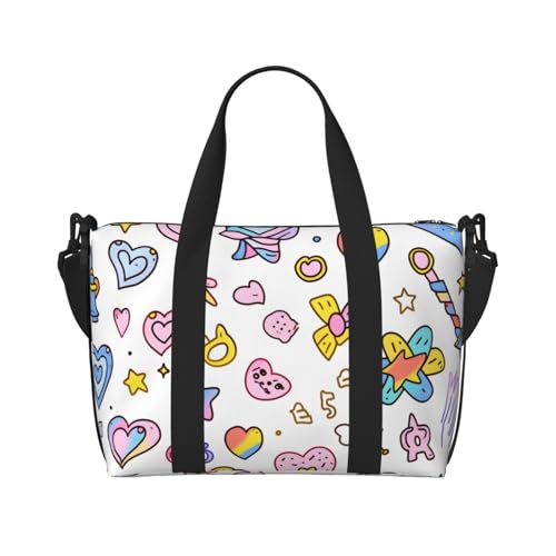 Rainbow Heart Travel Duffel Bag Cute Sketch Star Carry On Tote Bag for Women Large Shoulder Weekender Overnight Bag Sports Gym Bag