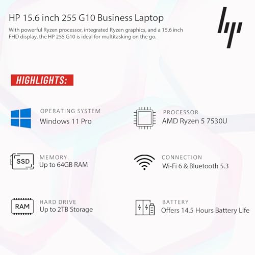 Image of HP 2026 New Business Laptop with MS 365 for the Web, AMD Ryzen 5 7000-Series Processor, 15.6 inch FHD LED Display, 8GB RAM, 512GB PCIE, Fast Charging Speed, Wi-Fi 6, 14.5-Hour Battery Life, Windows 11 Pro