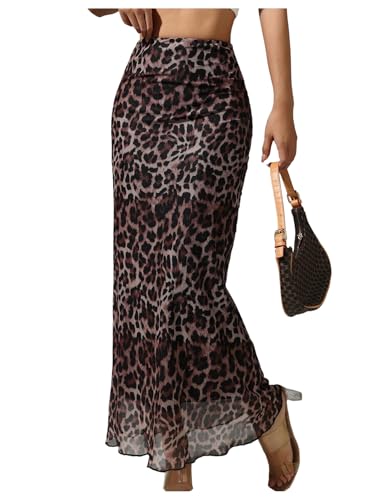 Verdusa Women's Leopard Print Mesh Maxi Skirts High Rise Bodycon Fishtail Skirt