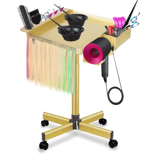 Image of Salon Senor Gold Salon Rolling Tray Hair Extension Tray Cart | Iron material,for salon use,height adjustable,movable with wheels,with storage box and hair separator clip