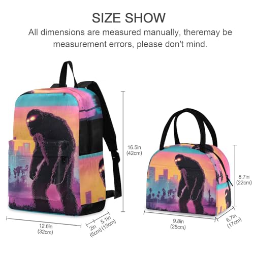 Backpack Lunch Bag Set City Sasquatch Print, Big Storage Travel Backpacks with Insulated Lunch Box for Office Hiking Picnic2