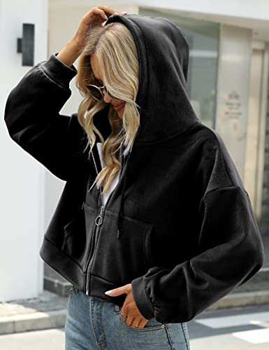 Arssm Women's Casual Long Sleeve Fleece Cropped Jacket Full Zip Hoodie Sweatshirt(Black-M) #TOP3