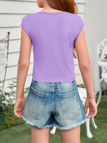Image of Haloumoning Girls Crop Tops Summer Short Sleeve T Shirts Kids Square Neck Slim Fit Basic Tee