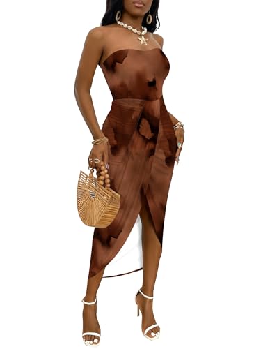Image of Umenlele Women's Strapless Ruched High Waist Wrap Split Asymmetrical Beach Maxi Long Dress