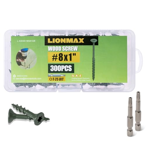 Image of LIONMAX Deck Screws 1 Inch, Wood Screws #8 x 1, 300 PCS, Rust Resistant, Exterior Epoxy Coated, Outdoor Decking Screws, Torx /Star Drive Head Screw, T25 Star Bit Included, Green