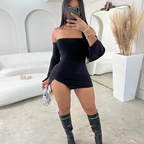 Image of Women Sexy Off Shoulder Side Slit Bodycon Mini Dress Ruched Long Flare Sleeve Night Club Party Dress