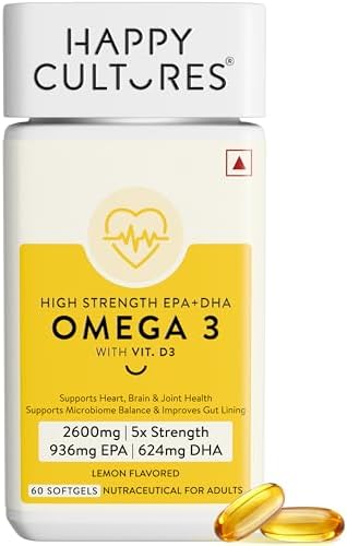 Happy Cultures 5X Omega 3 Fish Oil Capsules | Omega 3 Supplement 5X Strength 2600 Mg | Combination of 1605 mg 936 mg EPA 624 mg DHA/serving | No Fishy Burp | For Brain, Heart, & Joint Health | Lemon Flavour- 60 Softgel for Men & women