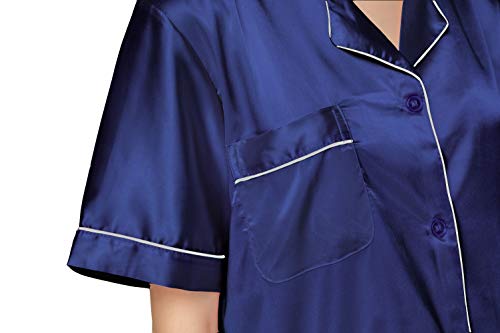 Nanjun Sleepwear Womens Bridesmaids Sexy Lingerie Satin Pajamas Two-Piece Silky Pj Sets Short Loungewear Button Down Pj Sets Nightwear(Navy, Xl) #TOP2