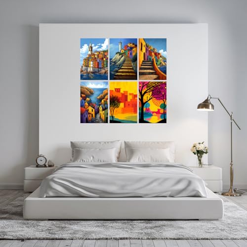 Image of SiddArtify Colorful Coastal Town Wall Art Prints Set - Modern Cityscape Poster Decor for Living Room Bedroom Office - 12x18 inch Sticker Pack of 6
