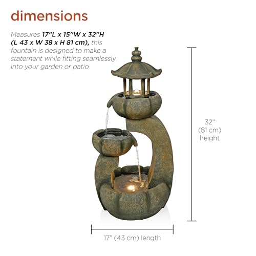 Image of Alpine Corporation 32 inch Tall 2-Layer Pagoda Polystone Fountain with LED Lights, Cascading Waterfall, Outdoor Garden and Patio Water Feature, Zen Decor, Relaxing Sound, Brown