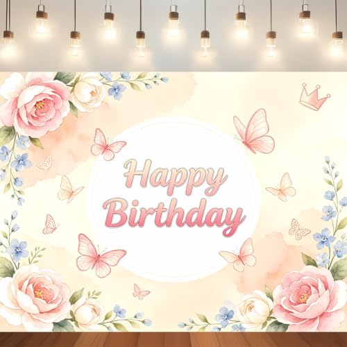 Toile de fond photo anniversaire enfant haut de gamme avec couronne et fleurs pastel