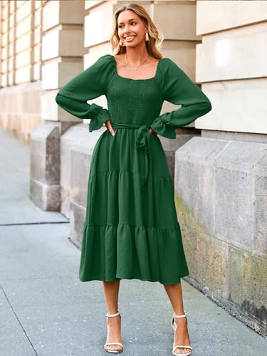 Image of Simplee Womens Long Sleeve Maxi Dress Casual Square Neck Smocked Flowy Fall Wedding Guest Dresses