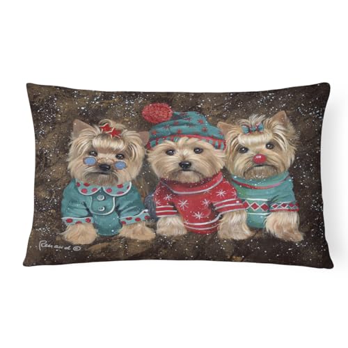 Caroline's Treasures PPP3291PW1216 Yorkshire Terrier Yorkie Christmas Elves Canvas Fabric Decorative Pillow Machine Washable, Indoor Outdoor Decorative Pillow for Couch, Bed or Patio, 12HX16W