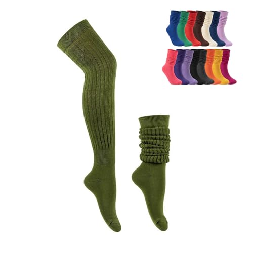 Womens Thick Knit Thigh High Boot Socks, Solid Over The Knee Socks Long Warm Leg Warmers for Winter (Green,One Size)