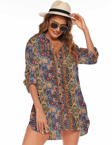 Image of HOTOUCH Women Boyfriend Shirts Button Down Long Sleeve Blouse Cuffed Sleeve Collared Shirt
