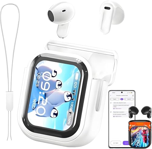 NE20 Earbuds, 2025 New NE20 AI Translation Earbuds in Real Time, Language Translator Headphones with LCD Touch Screen Audifonos Traductores Inglés Español Support 140 Languages for Travel White