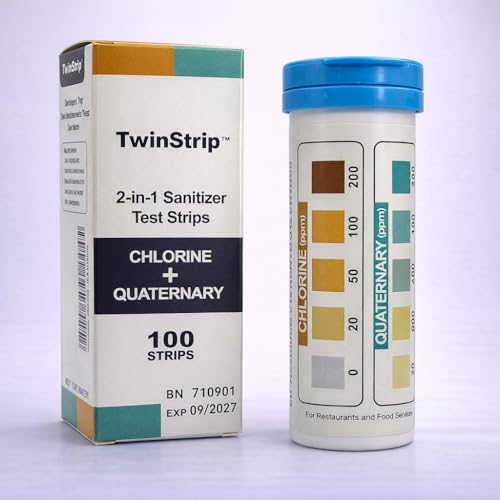 Quat & Chlorine Sanitizer 2-in-1 Test Strips for Food Service, Sanitizing Solution, 3 Compartment Sinks, Restaurant Supplies, FDA Food Code Compliant, 0-200ppm Chlorine, 0-400ppm Quats, 100 Strips