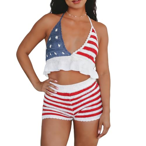 Image of YUSAI Women 4th of July Patriotic Outfits Halter Tank Top and Shorts 2PCS Suit American Flag Crochet Knit Two Piece Sets(Red, L)