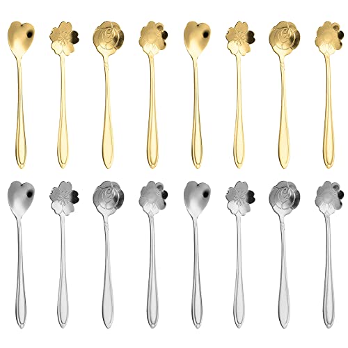 16 piezas Juego Cucharas Flores, Cucharas de Café en Forma de Flor, Cucharas Té Creativas, Cucharadita Cucharadita Azúcar, Oro Rosa Creativa Cuchara, para café, té, Pastel, Postre, múltiples Formas