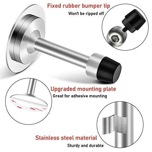 Door Stoppers, Door Stop For Bottom Of Door, 3.5 Inch Door Stops No Drill With Sound Dampening Rubber Bumper Tip, Stainless Steel Adhesive Door Stopper Wall Mounted Doorstops, Brushed Nickel, 2 Pack #TOP2