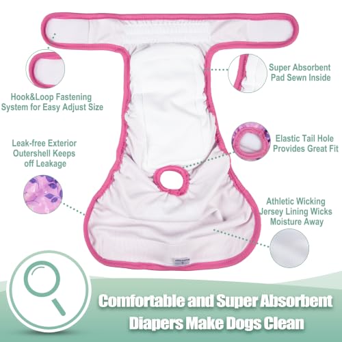 Image of wegreeco Female Dog Diapers, Washable Reusable Pet Puppy Doggie Diapers for Small Medium Large Female Dogs in Heat Period, Doggy Period Panties, 5 Pack, Large, Purple Red Flowers
