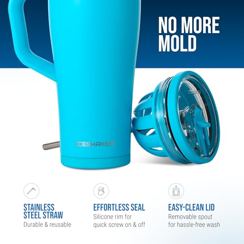Image of Ice Shaker 32 oz Tumbler with Handle and Straw | 32oz Caribbean Blue | Cold for 30+ Hours | 2-in-1 Tumbler Shaker Bottle | Odor-Free 32 ounce Bottle for Water, Protein Shakes, Smoothies, Cocktails