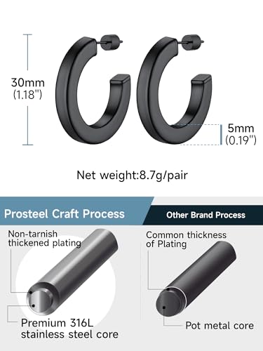 Image of Stainless Steel Chunky Hoop Earrings For Women, Minimalist and Chic, Black /Gold Plated, Round Hoops Earrings Hypoallergenic, Size: 30mm /40mm /60mm /80mm, Come with Box