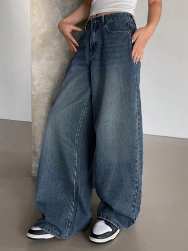 Image of Shasmi Women's Black Wide Leg Baggy Jeans | Loose Fit Denim Pants for Women | High Rise Streetwear | Casual Oversized Wide Leg Denim | Korean Style Baggy Trousers with Pockets (Jeans 296)