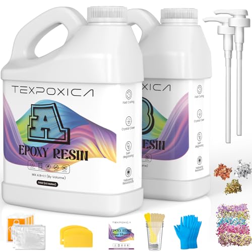 Texpoxica Epoxy Resin 1Gallon Kit,Crystal Clear,Self Leveling,Bubble-Free,Anti-Yellowing Easy Mix 1:1,Suitable for Art Casting,Wood & Molds,Jewelry Projects,DIY Gifts