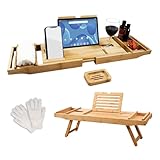 Trekis Spring Bath Tray – Extendable/Foldable Bamboo Bath Caddy Tray for Bathtub with Exfoliating Gloves, Non-Slip Pads with Built-in Holder for Glass Candle, iPad Tablet, Phone-Bathroom Accessories