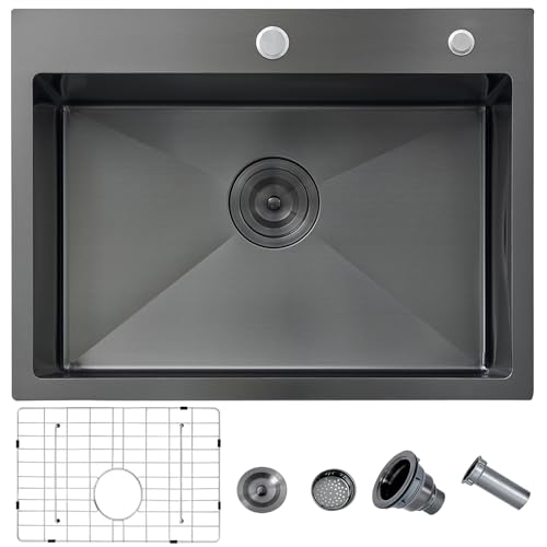 HOTIS 24 X 18 Inch Black Drop In Kitchen Sink, Black Stainless Steel Kitchen Sink, Large Residential Sink with 2 Holes, Single Bowl Topmount Workstation Sink with Dish Grid & Drain
