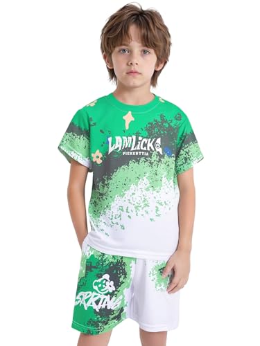 TiaoBug Boys Athletic Shorts Shirt Set Kids Breathable Summer Clothes Raglan Sleeve T-shirt and Shorts Set Green 9-10 Years