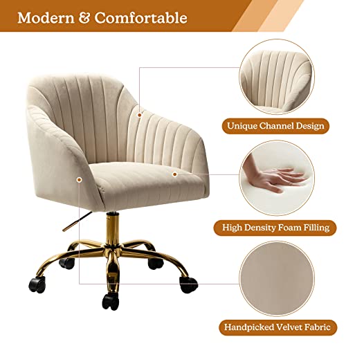 Hulala Home Velvet Home Office Desk Chair, Modern Cute Computer Task Chair, Wheels Swivel Height Adjustable Upholstered Vanity Chair For Women, Girls (Gold Base, Tan) #TOP5