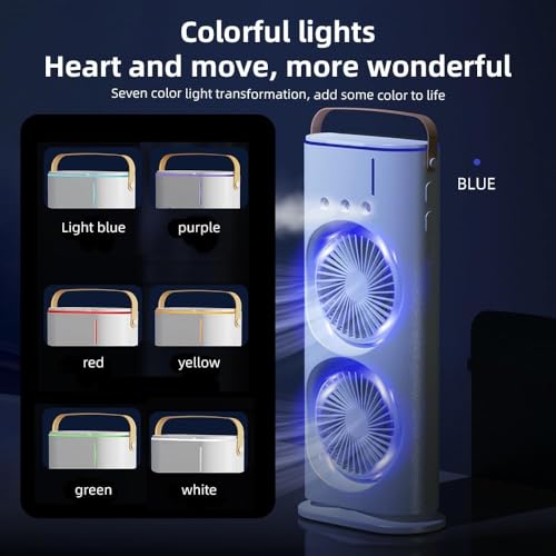 Image of Portable Double Ended Spray Fan with Misting | USB Rechargeable Mini Air Cooler with LED Light | Touch & Remote Control | 3 Speed Cooling Fan with 280ml Water Tank