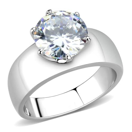 Wide Band Big Solitaire 3.5 Carat CZ Womens Stainless Steel Wedding Ring