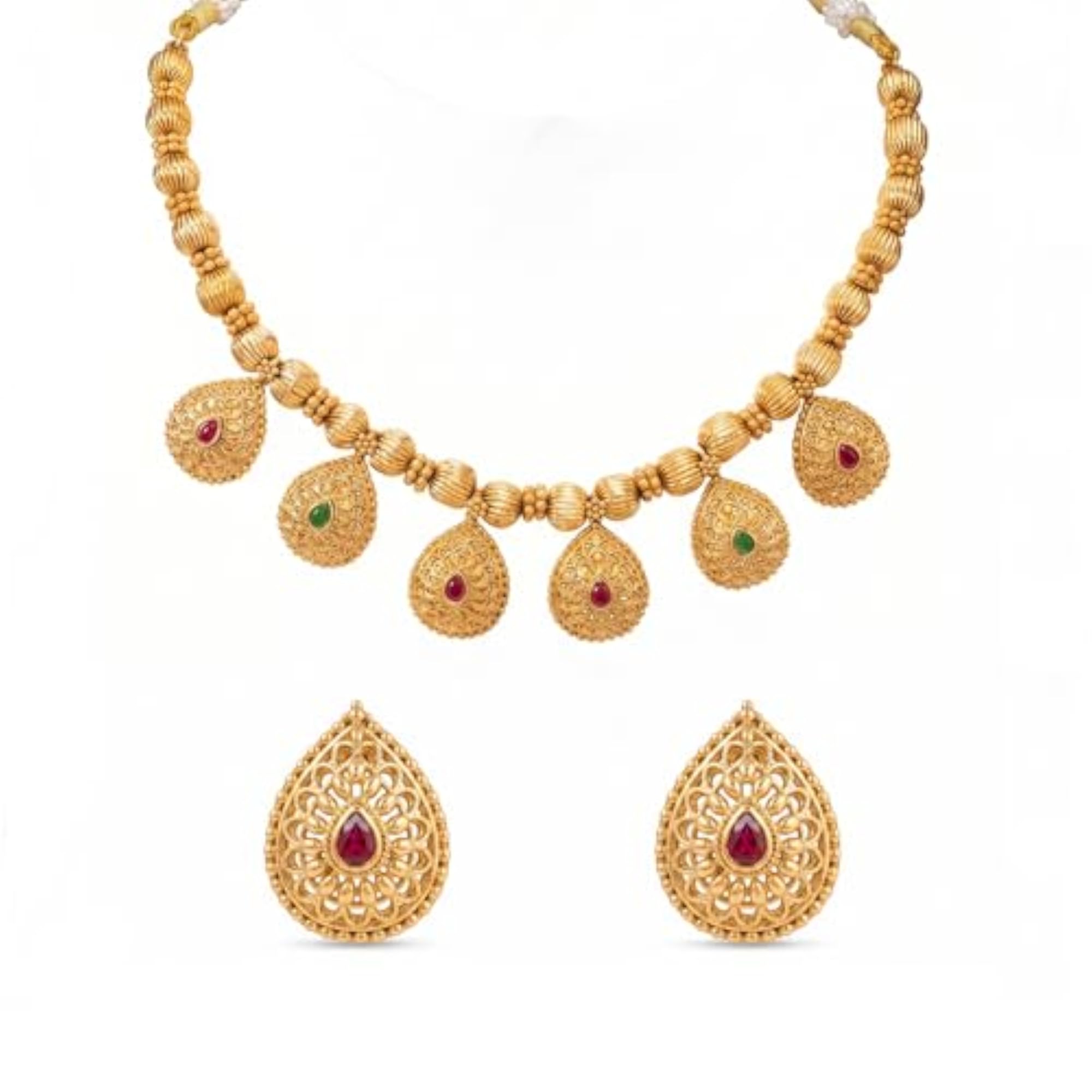 Gold Plated Traditional Necklace Earrings Set with Faux Emerald & Ruby