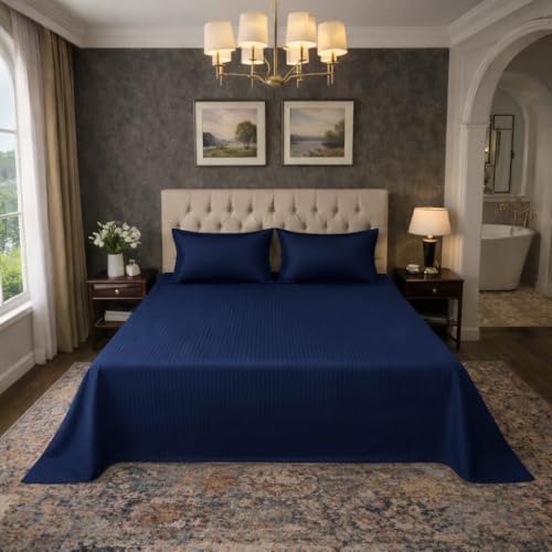 Image of Dream Living Stripe King Bedsheet with 2 Pillow Covers | 120 GSM | 275x275 Cm | Blue