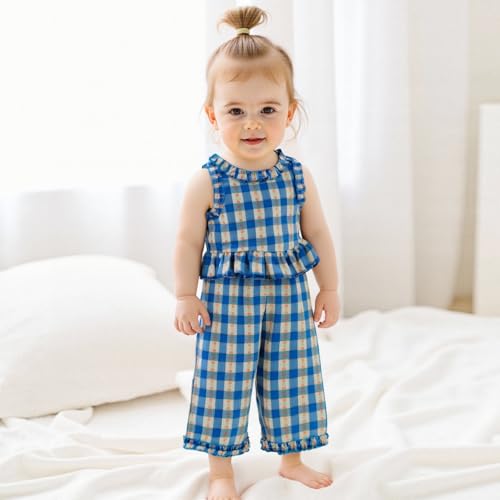 2PCS Infant Baby Girls Sleeveless Tank Top Floral Plaid Ruffle Vest + Plaid Floral Pants Outfits Sets2