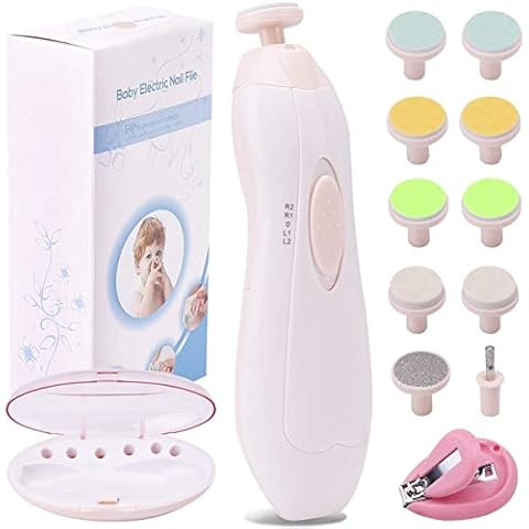 Baby Nail File Electric Nail Trimmer Manicure Set with Nail Clippers, Toes Fingernails Care Trim Polish Grooming Kit for Infant Toddler Kids or Women, LED Light and 10 Grinding Heads, Blush Pink Cover