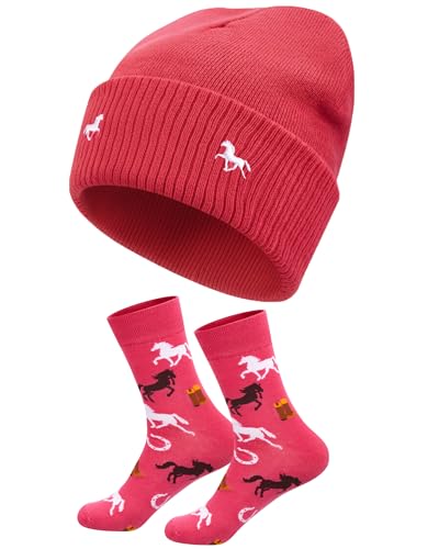Geyoga Horse Riding and Socks Set, Gifts for Horse Lover Girls Women, Embroidered Clothing If You Can Read This Put Me Back on The Horse' Winter Beanie Hat and Socks(Rose Red)