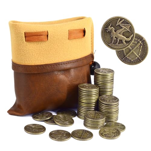 ZWGParty Vintage Tabletop Role-Playing Game Metal Coins and Storage Bag Includes 40 Dragon-Themed Coins (Featuring Dragon and Sword/Shield Designs) Metal Tokens for TTRPG