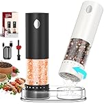 CIRCLE JOY Electric Salt and Pepper Grinder Set Rechargeable Salt and Pepper Mills with Storage Base, Adjustable Coarseness and LED White Light, 95ml Container, Black & White