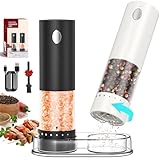 CIRCLE JOY Juego de Molinillos de Pimienta Eléctricos Recargables Molinillos de Especias con Base, Recipiente Transparente Lavable de 95ml, Luz LED Blanca y Aspereza Ajustable, Negro Blanco