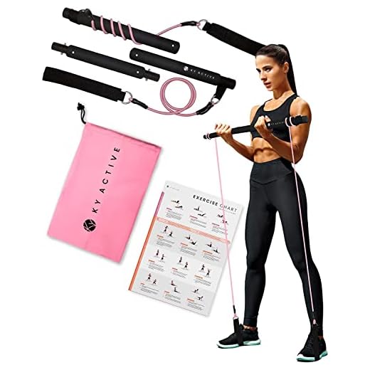 Ky Active Portable Pilates Bar Kit with 25lbs Resistance Bands, Home Gym Exercise System wit Carry Bag, Adjustable Full Body Workout Bar (3 Piece Bar, Blush Pink)