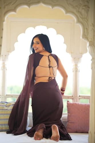 Image of StyleScope Women's Plain Georgette Ready To Wear One Minute Saree With Unstitched Blouse Piece (Kalki)