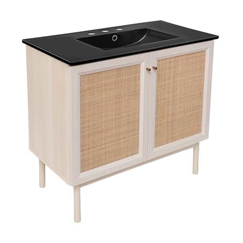 Image of Swiss Madison Classe 36 in. White Oak Bathroom Vanity with Black, 3-Hole Ceramic Sink Top